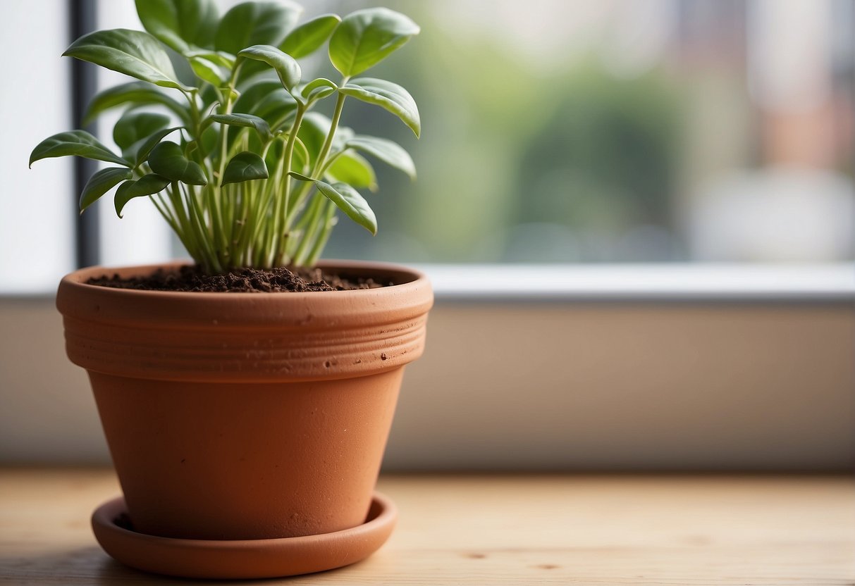 A plant pot sits on a windowsill, filled with soil and a green plant sprouting from it. The pot is made of terracotta and has a simple design