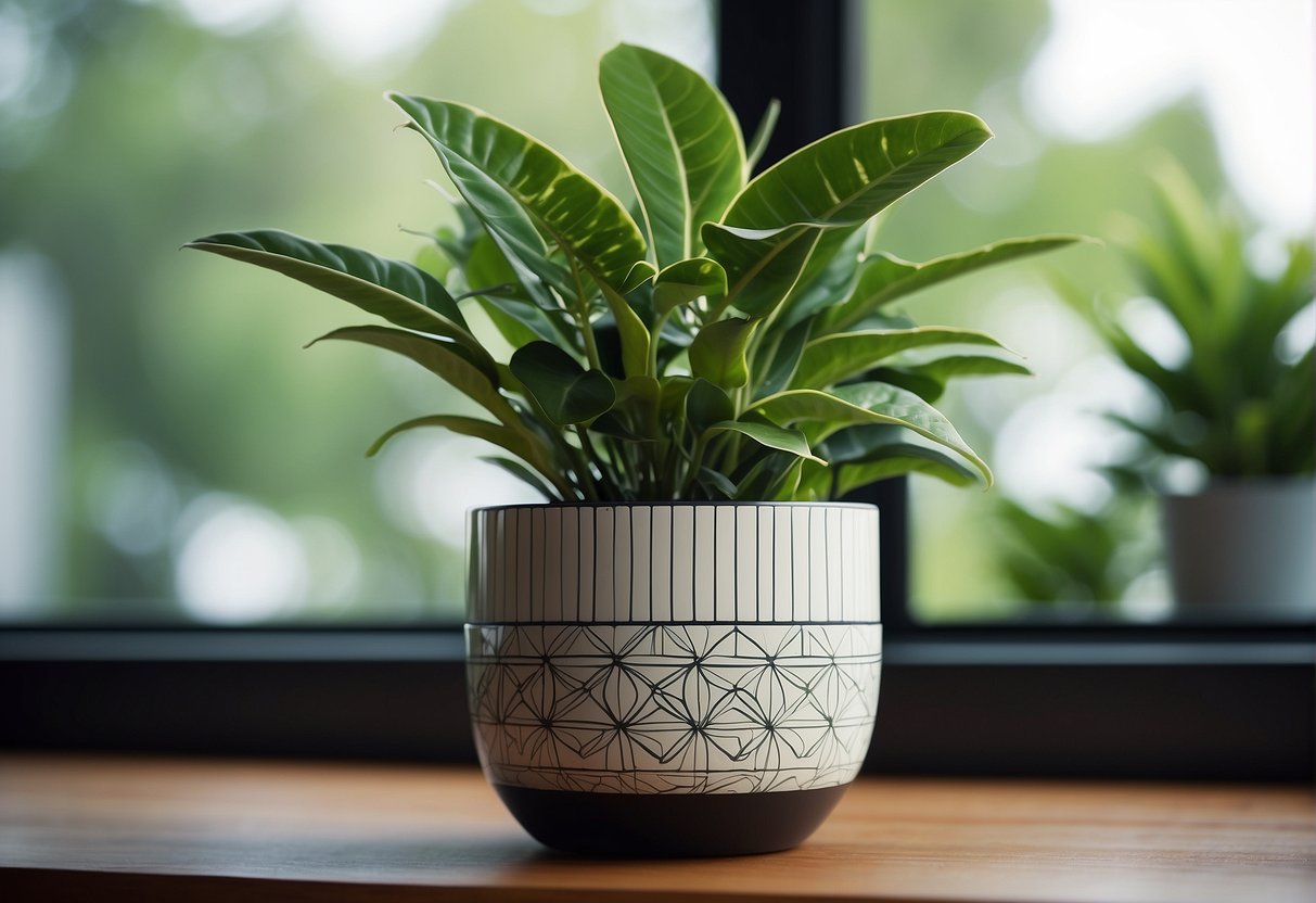 A sleek, modern plant pot sits on a windowsill, filled with lush green foliage and adorned with minimalist geometric patterns
