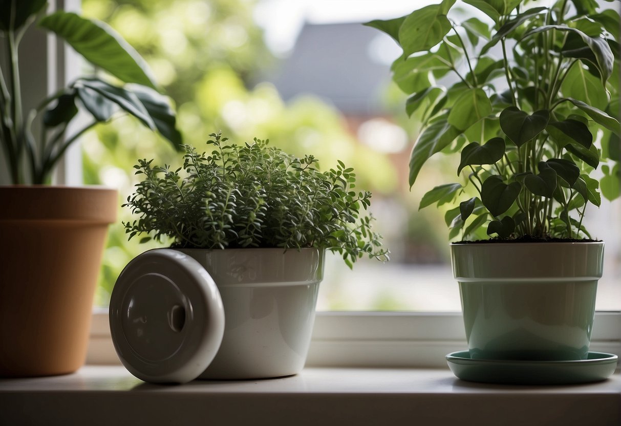 A plant pot sits on a sunny windowsill, filled with healthy green foliage. A watering can nearby suggests regular care