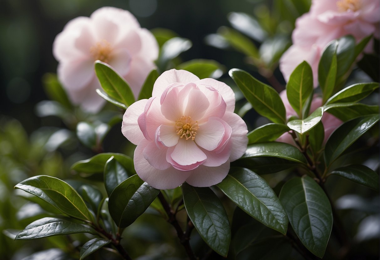 A sasanqua camellia blooms against a backdrop of lush green foliage, its delicate petals in shades of pink and white