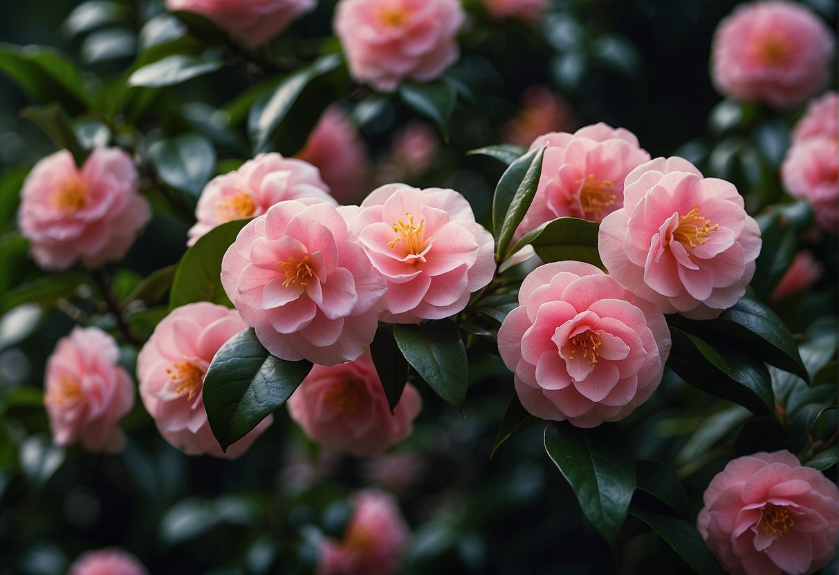 Sasanqua camellia blooms against green foliage, showcasing its elegant petals and vibrant colors in a botanical setting