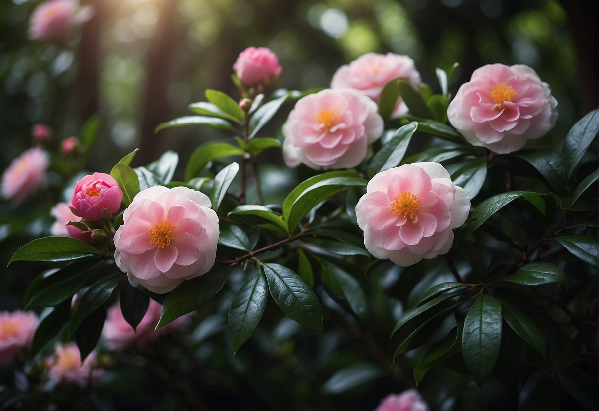 A sasanqua camellia bush blooms in a shaded garden, surrounded by lush green foliage and delicate, colorful flowers