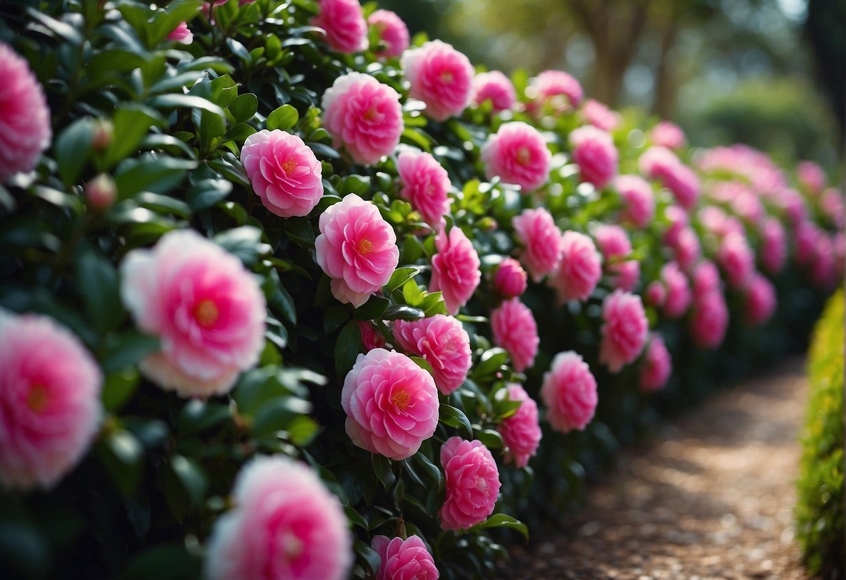 A vibrant camellia hedge lines a garden path in Australia. The bright pink and white blooms contrast against the lush green leaves