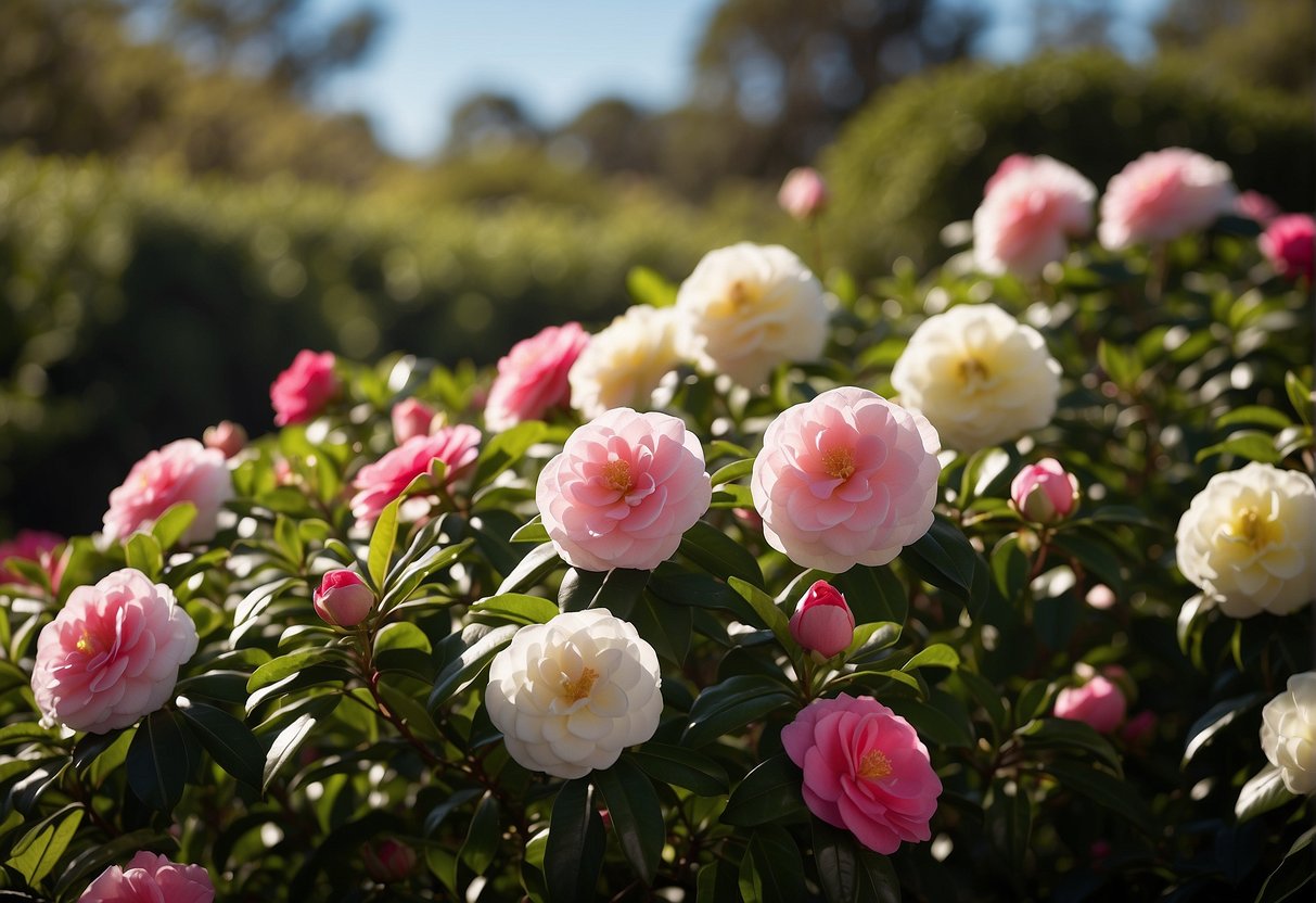 A lush green hedge of various camellia varieties in a garden in Australia, with vibrant flowers in shades of pink, red, and white blooming in the sunlight