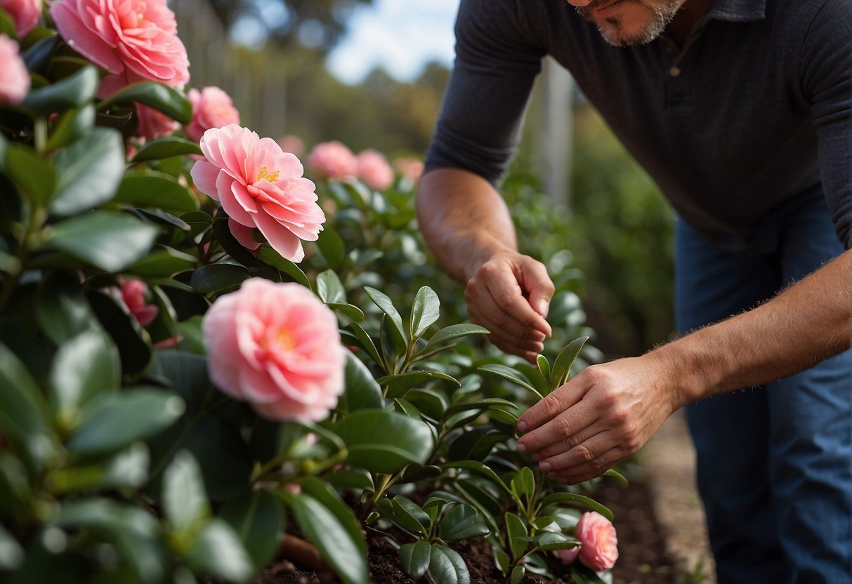 A person carefully plants a row of camellia bushes in a garden, following specific guidelines for spacing and depth in Australia