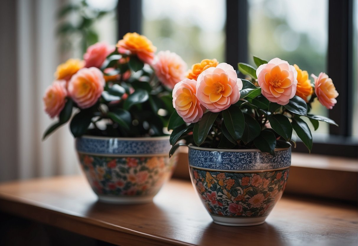 Vibrant camellias bloom in various hues in decorative pots