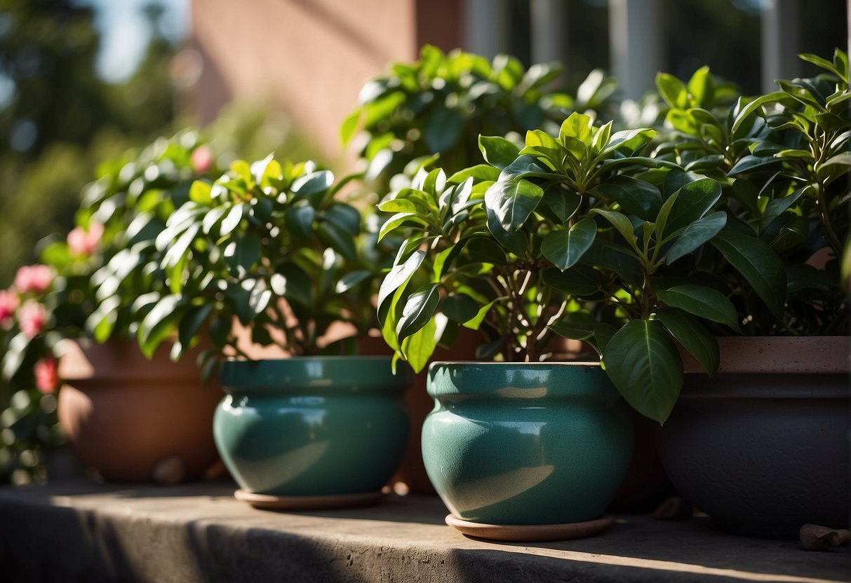 Lush green camellia plants thrive in decorative pots, with vibrant blooms cascading over the edges. The pots are strategically placed in a sunny spot, surrounded by a backdrop of lush foliage