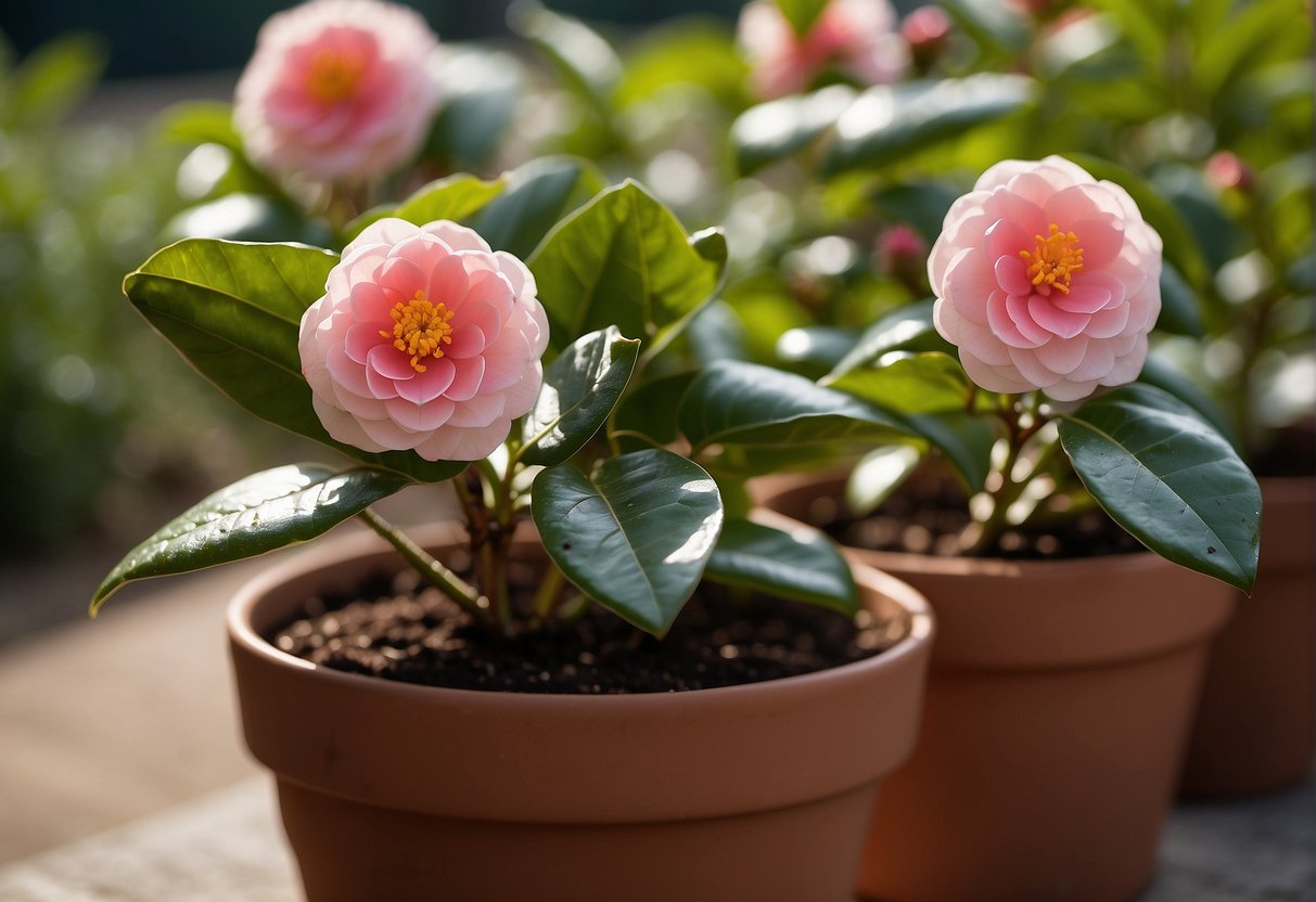 Healthy potted camellias surrounded by natural pest control methods like ladybugs and neem oil, with disease-resistant varieties thriving in well-draining soil