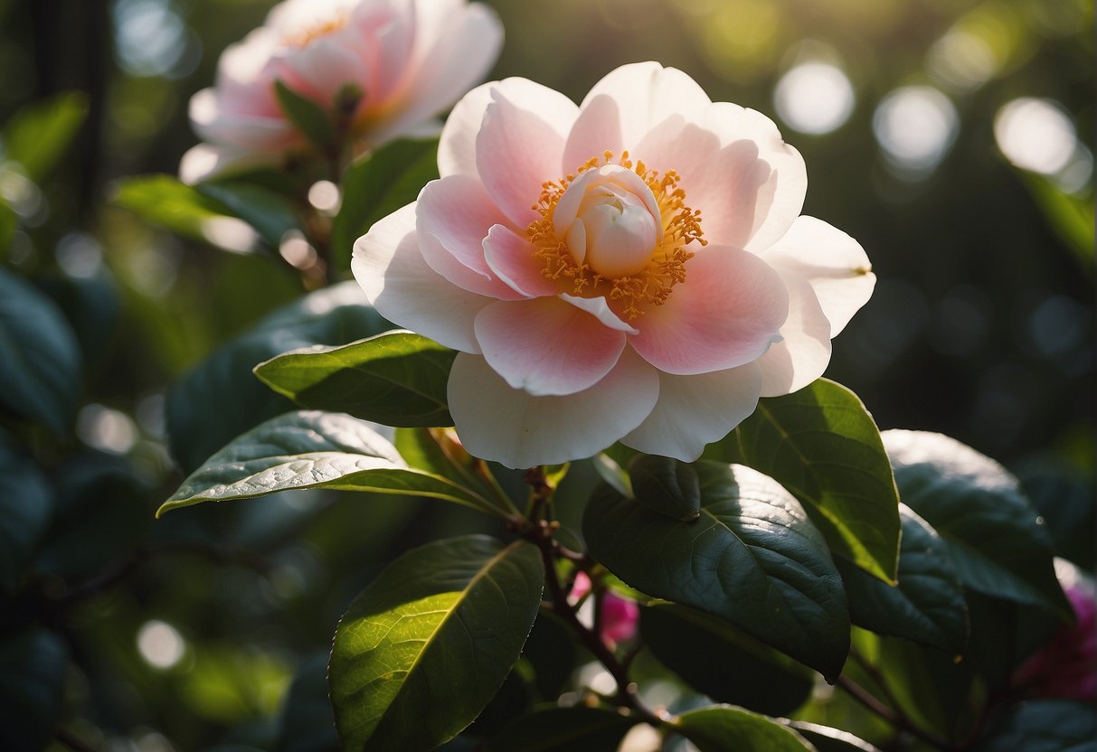 A fast-growing camellia bursts open, its vibrant petals unfurling in the sunlight, surrounded by lush green foliage