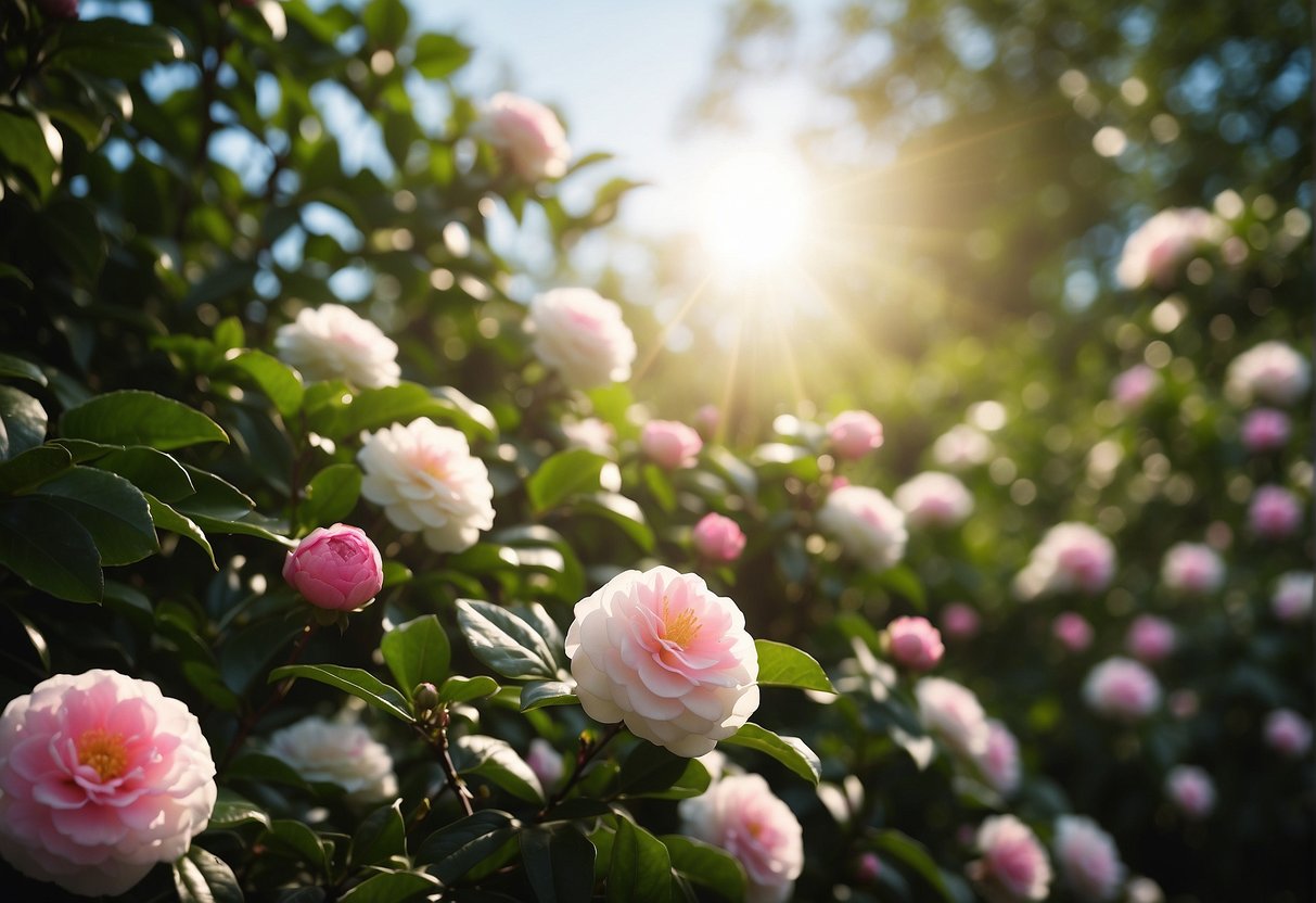 Lush green camellia bushes reaching towards the sun, with vibrant pink and white blooms in full display