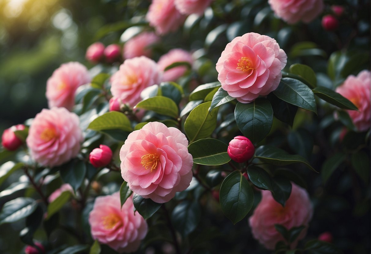 A lush garden filled with vibrant, fast-growing camellia plants in full bloom, with a variety of colors and sizes creating a beautiful and lively scene