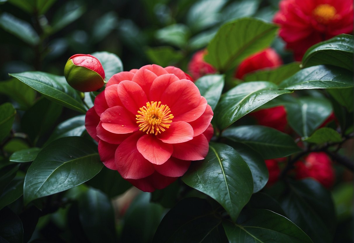 Vibrant red camellia blooms against lush green foliage