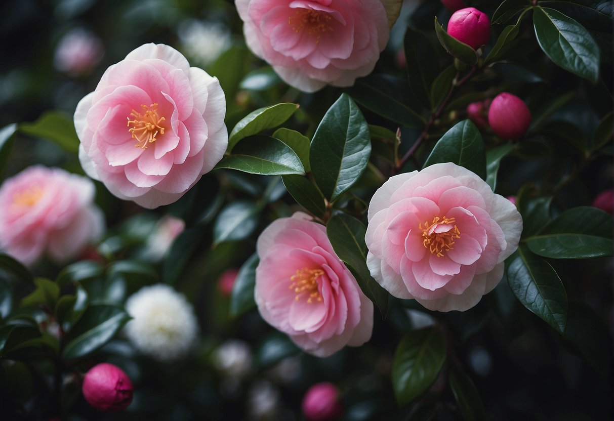 A vibrant camellia bush blooms in a lush garden, with bright pink and white flowers contrasting against dark green leaves