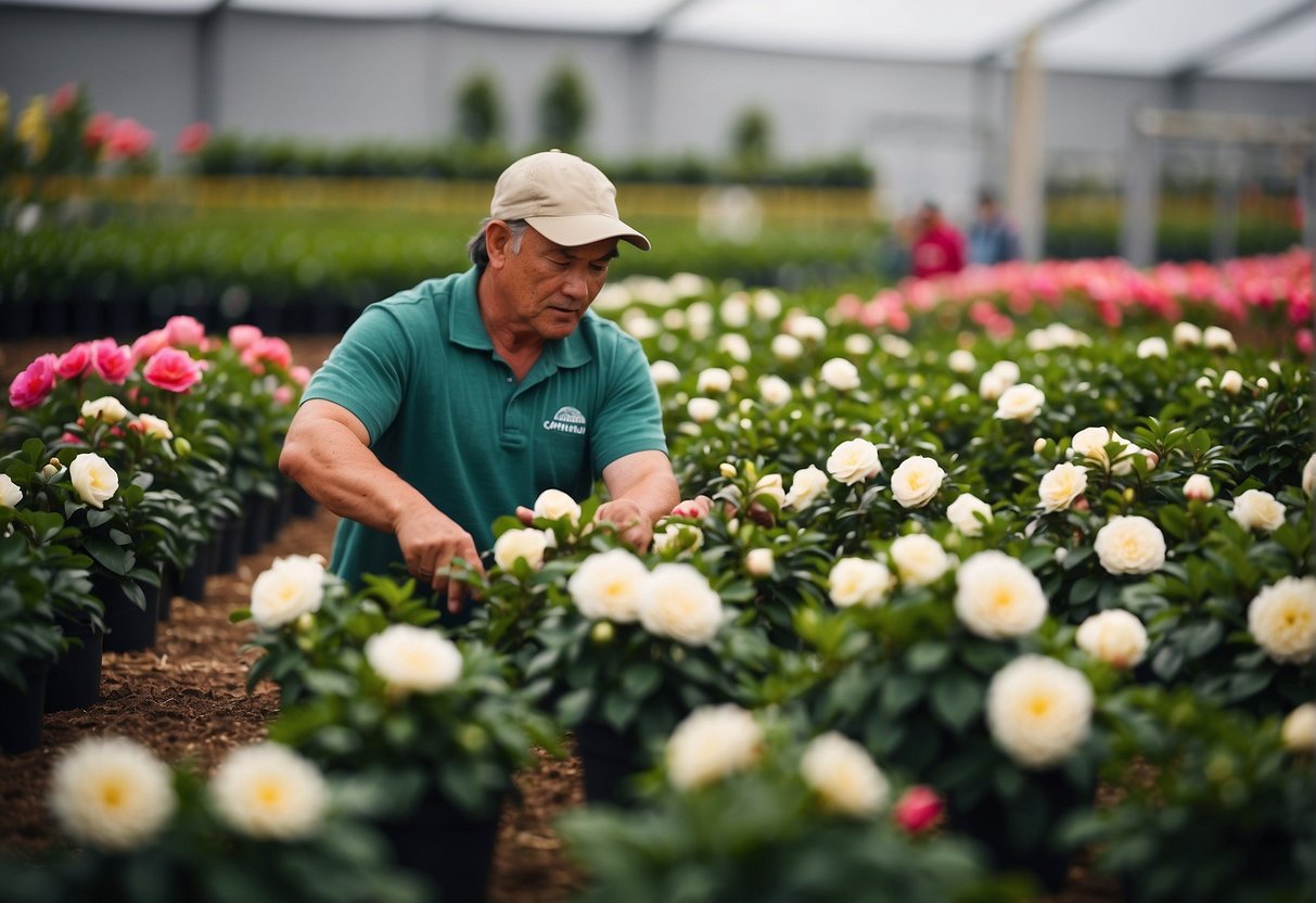 A person selecting camellia plants at Bunnings, surrounded by rows of colorful flowers and green foliage