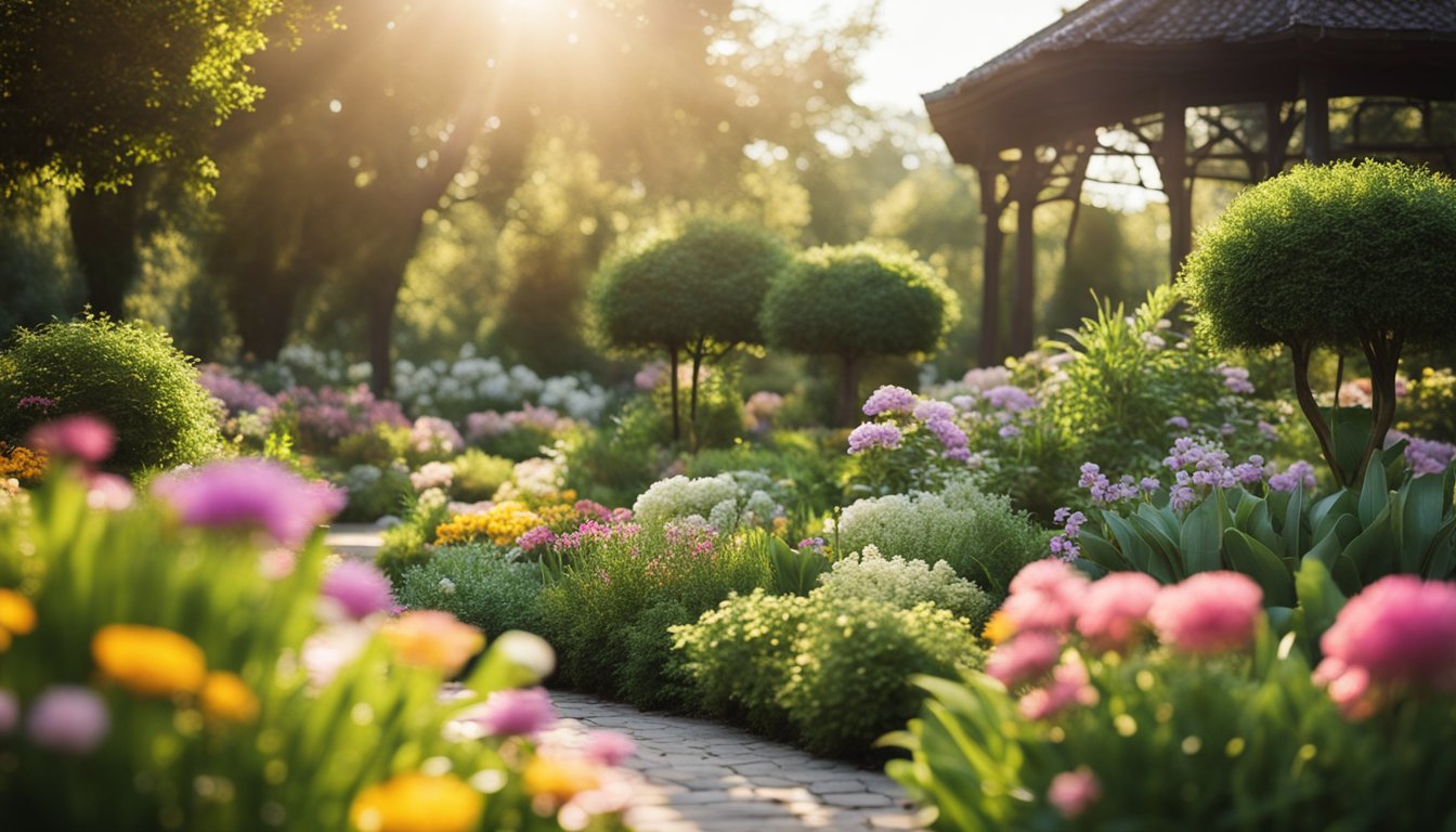 A serene garden with vibrant, harmonious colors and natural elements, such as flowers, water, and sunlight, creating a peaceful and healing atmosphere