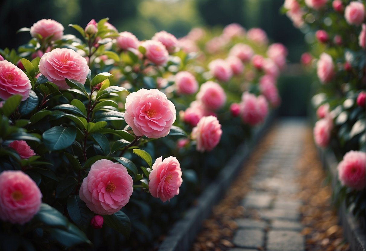 A vibrant camellias hedge lines the garden path, bursting with pink and red blooms