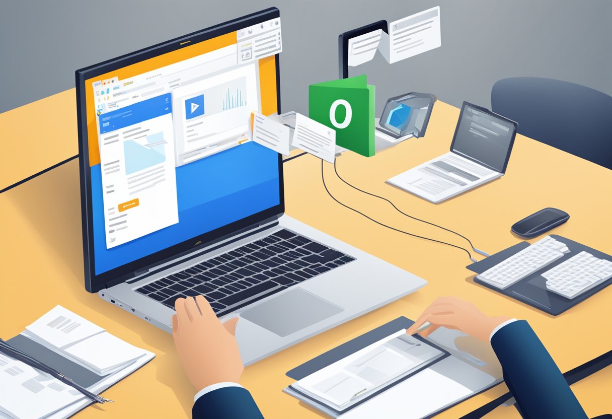 A computer screen with the Outlook email interface open. A cursor is dragging and dropping the signature box to a new location within the email settings
