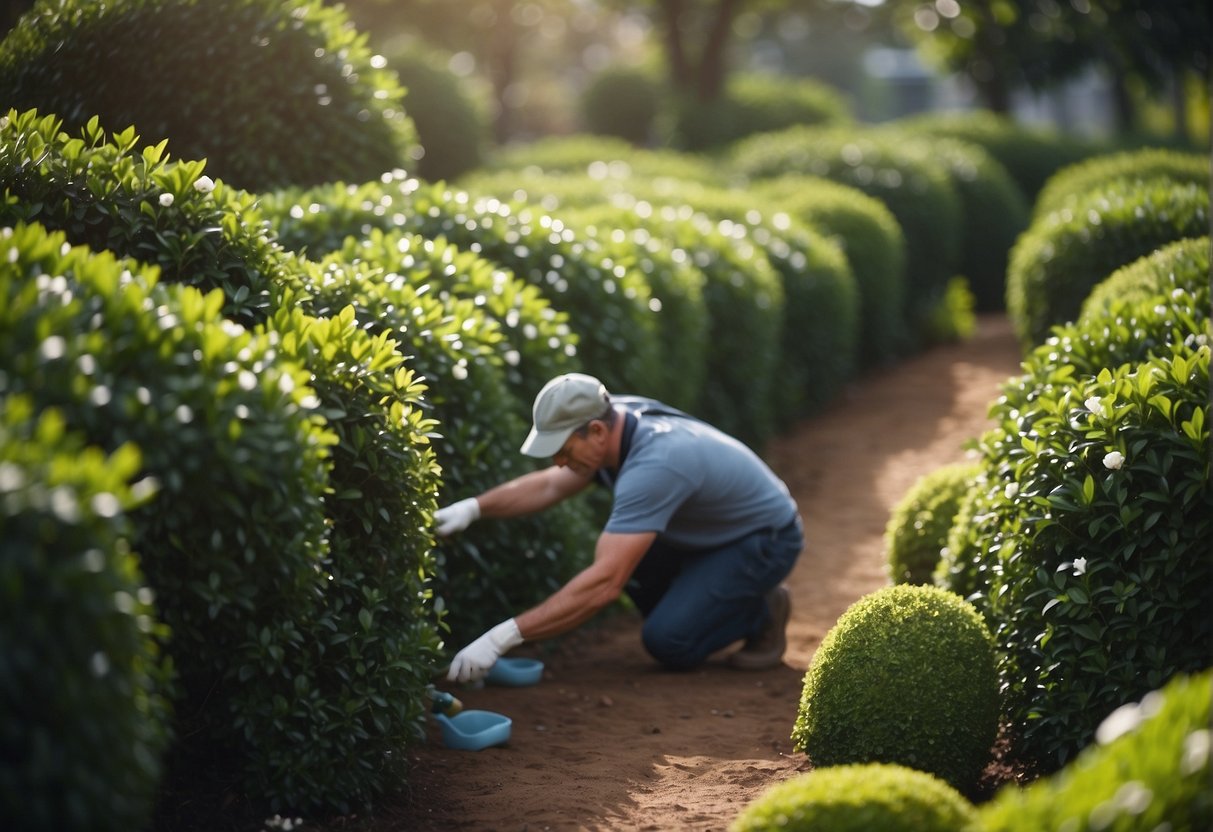 A gardener gently prunes and waters a lush camellia hedge, ensuring each plant is well-tended and thriving