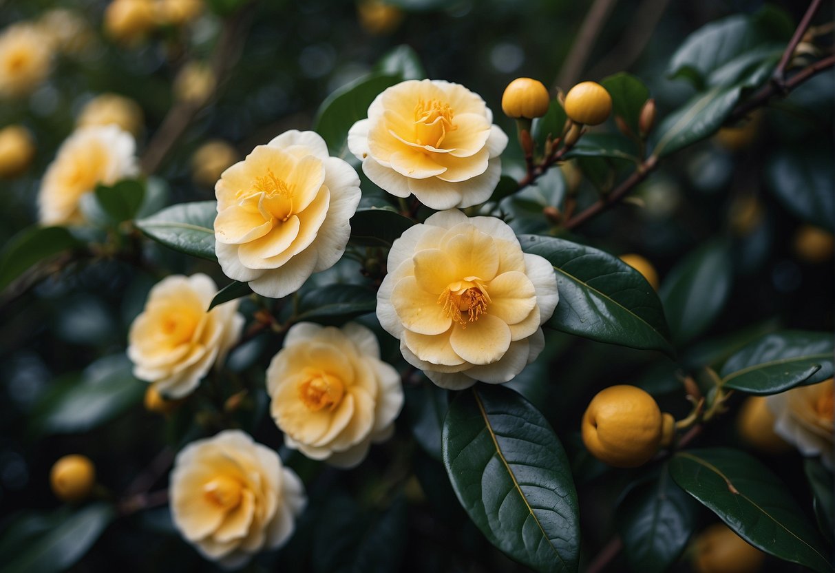 Camellias hedge with wilting leaves, yellow spots, and aphids