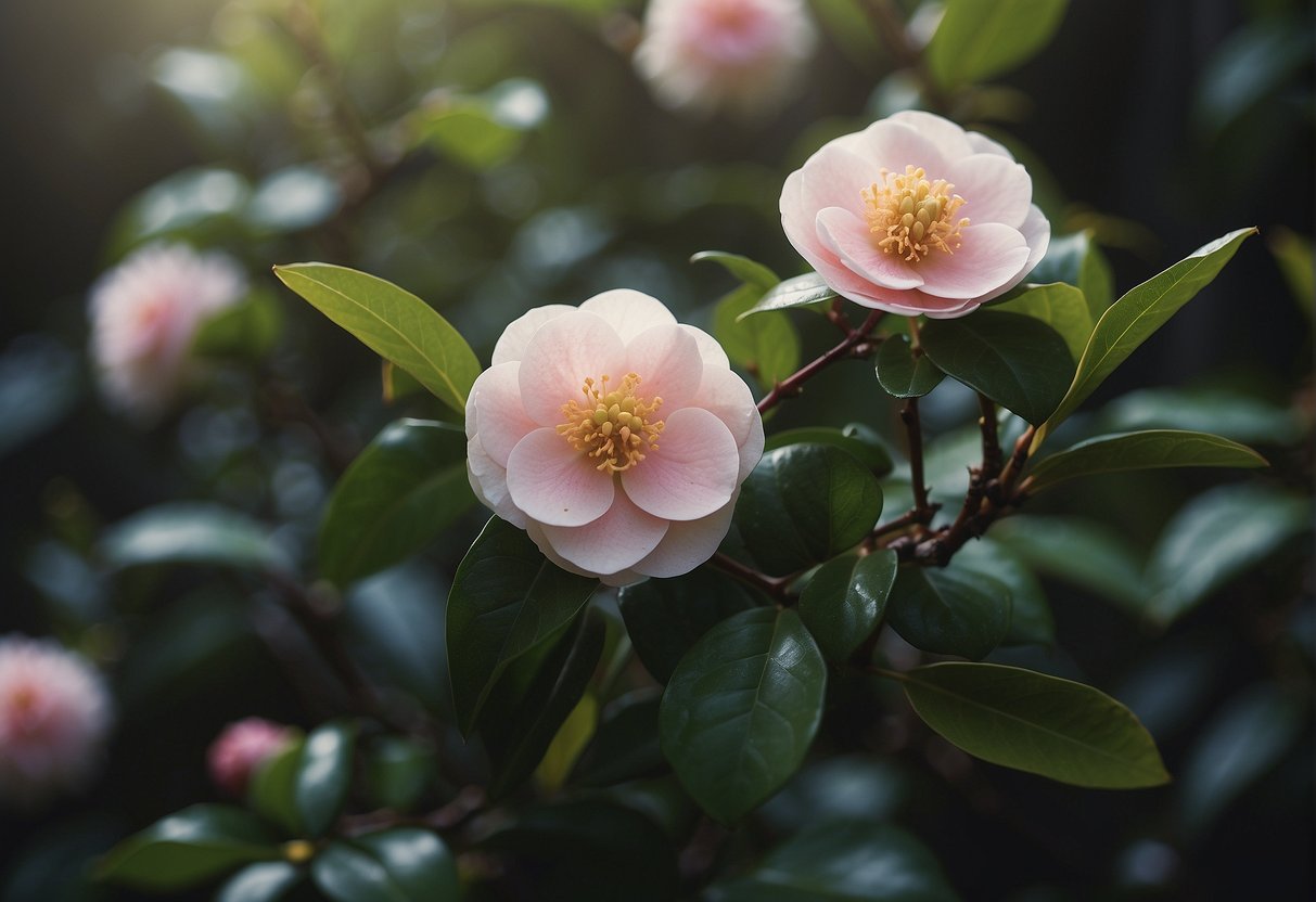 A miniature camellia blooms in a lush garden, surrounded by delicate green leaves and dappled sunlight