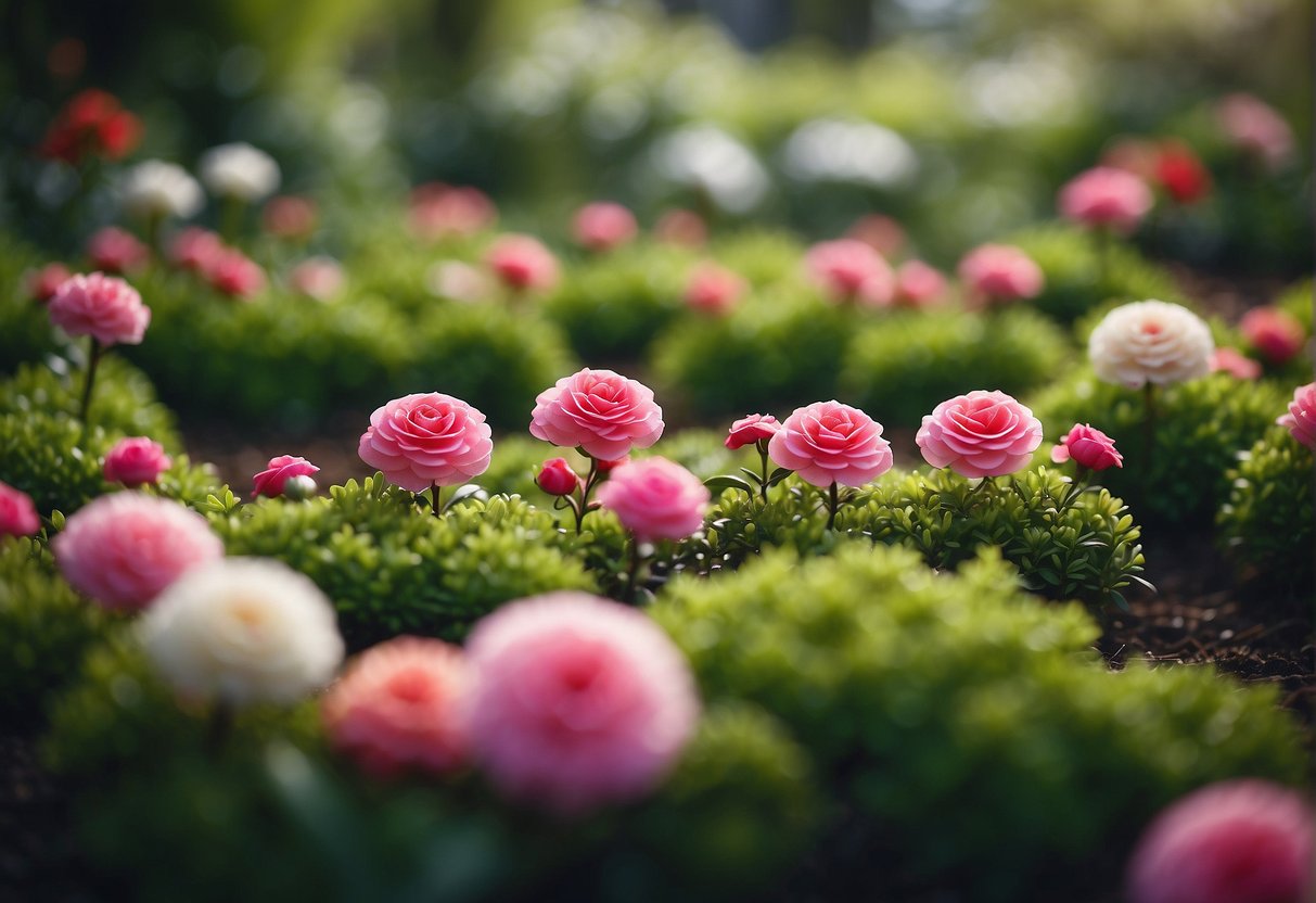A lush garden with rows of miniature camellia bushes in various colors, surrounded by a peaceful landscape of greenery and delicate flowers