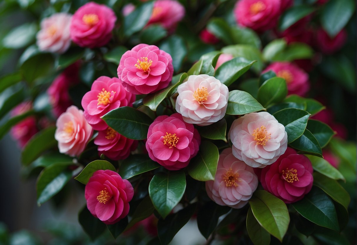 A cluster of miniature camellia flowers in various colors and sizes, surrounded by lush green foliage