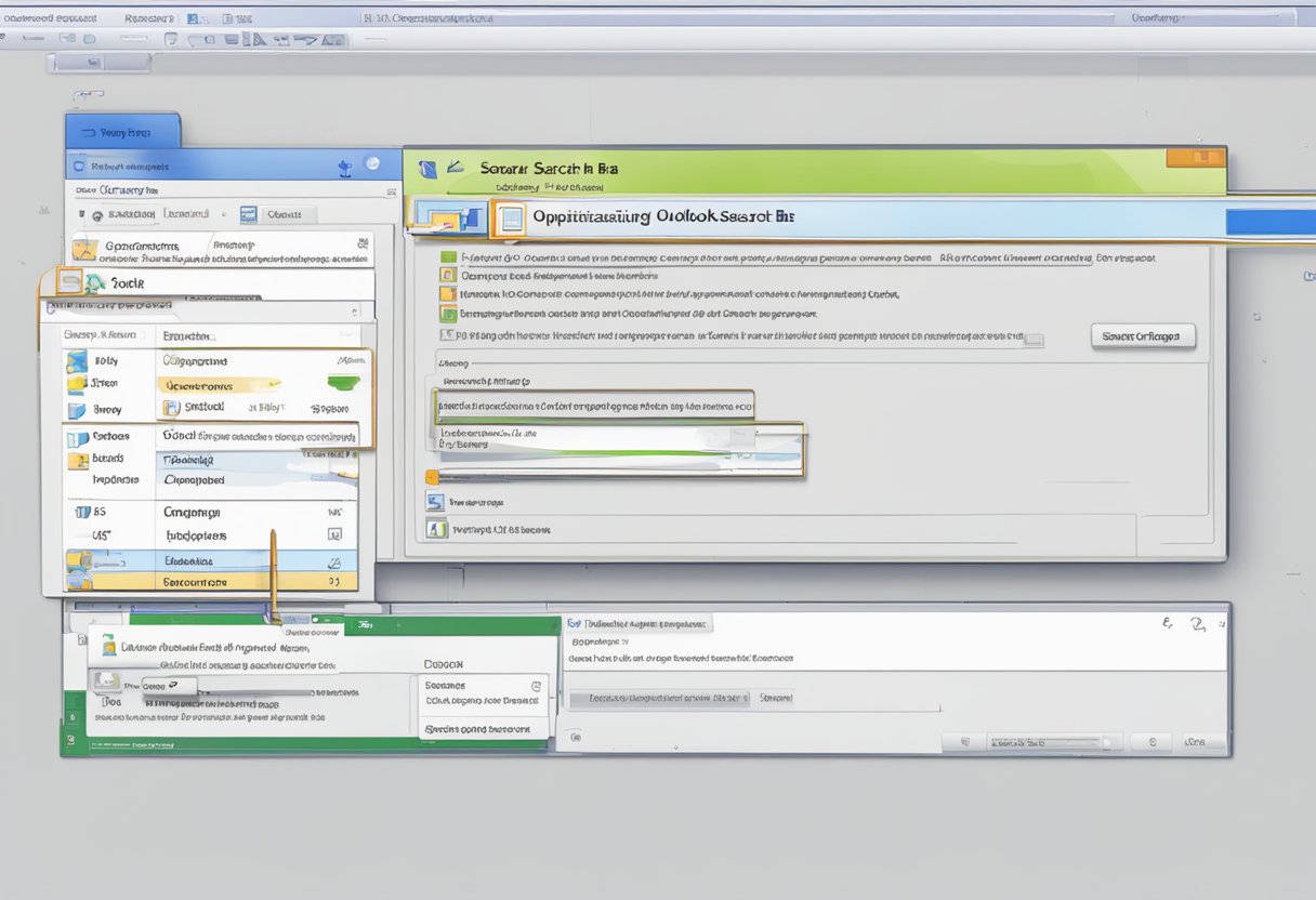 A computer screen displaying the Outlook search bar with the words "Optimizing Outlook Search" and a list of search results, with a cursor hovering over a button labeled "How to remove top results."