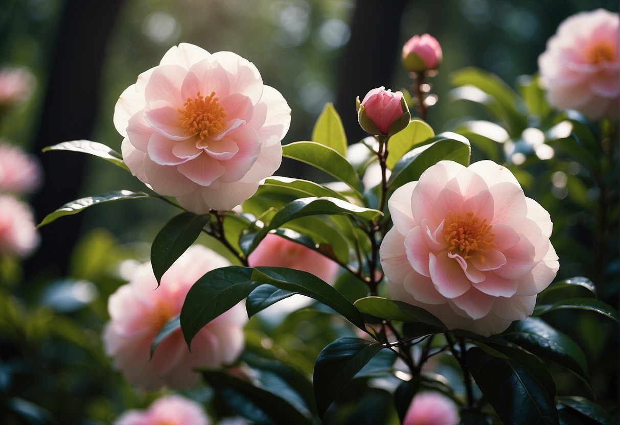 A vibrant camellia lovelight blooms against a backdrop of lush green leaves, casting a soft glow in the garden