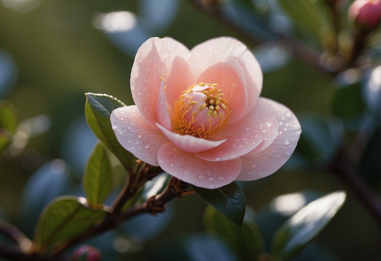 A single camellia bud unfurls, bathed in soft morning light, as dewdrops glisten on its delicate petals