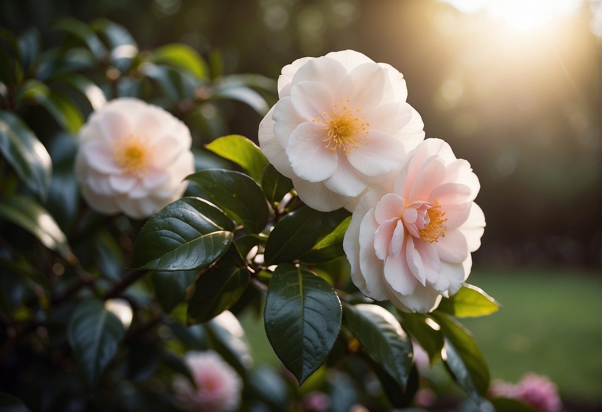 Lovelight camellia blooms in a well-tended garden. Rich soil, gentle sunlight, and careful pruning ensure vibrant, healthy flowers