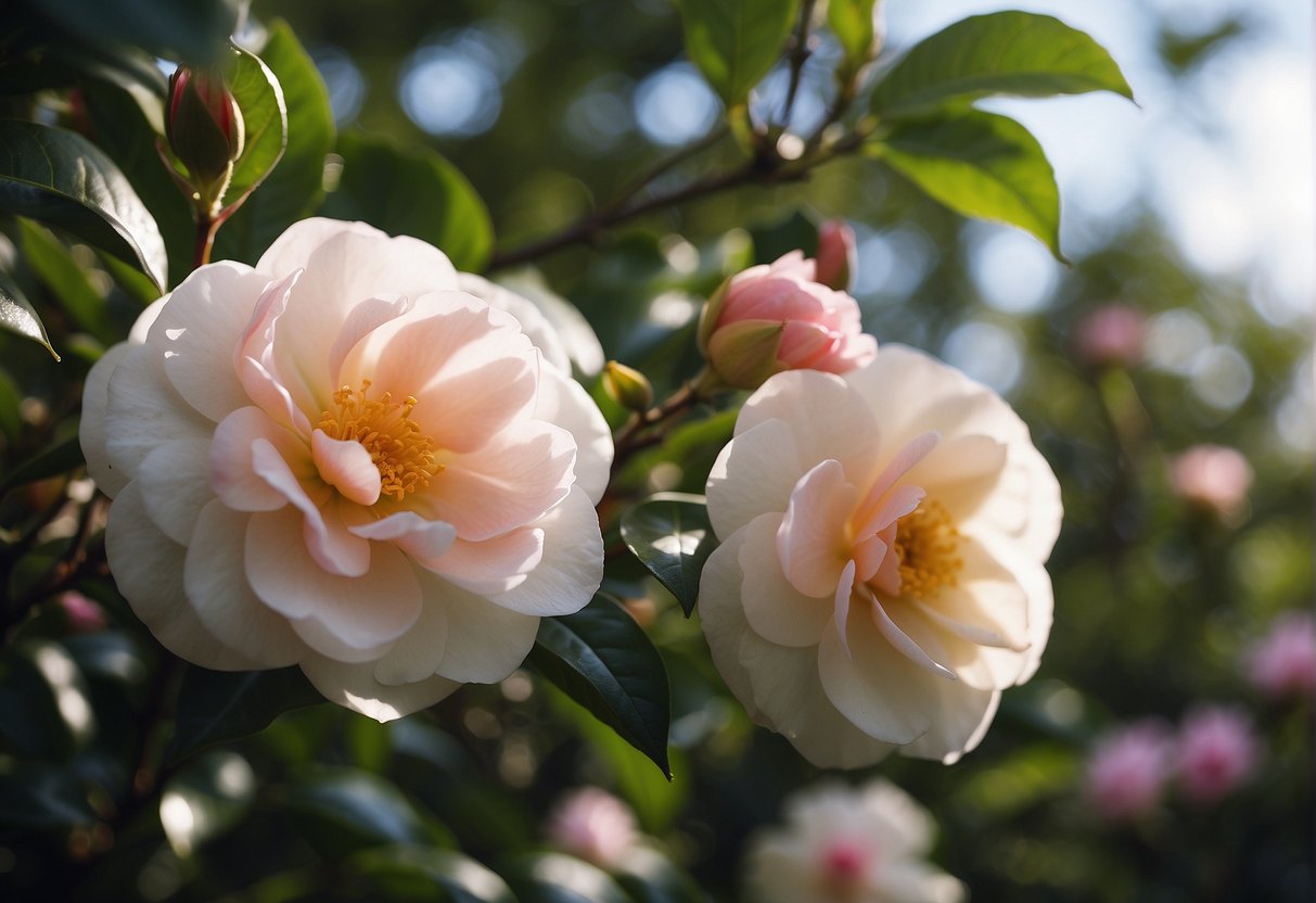 A vibrant camellia blooms in a lush garden, its delicate petals catching the sunlight