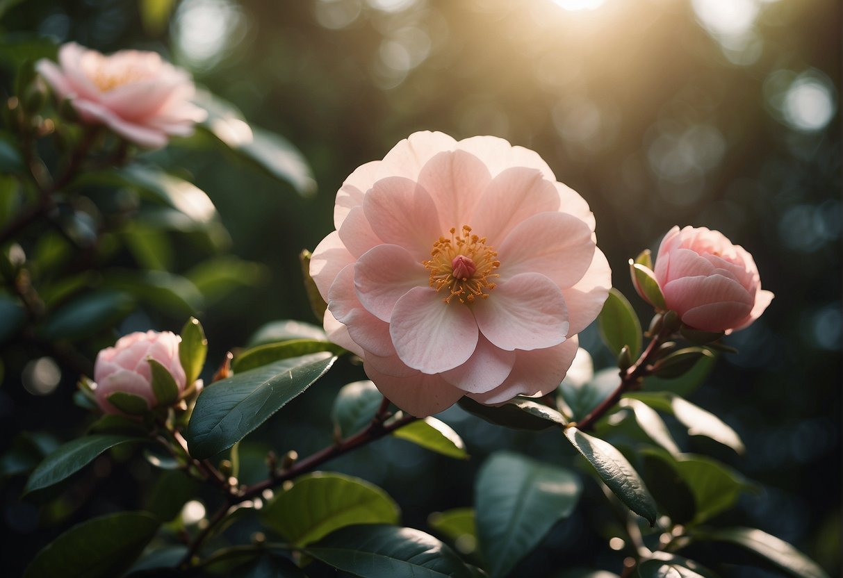 A blooming Jean May Camellia stands tall in a lush garden, its delicate pink petals catching the sunlight. Surrounding foliage adds to the serene and timeless atmosphere