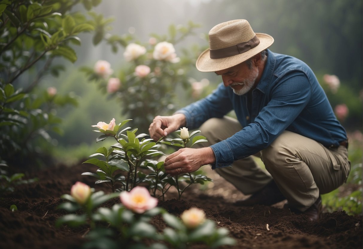 A gardener carefully tends to a blooming Jean May camellia plant, surrounded by rich soil and a gentle mist of water