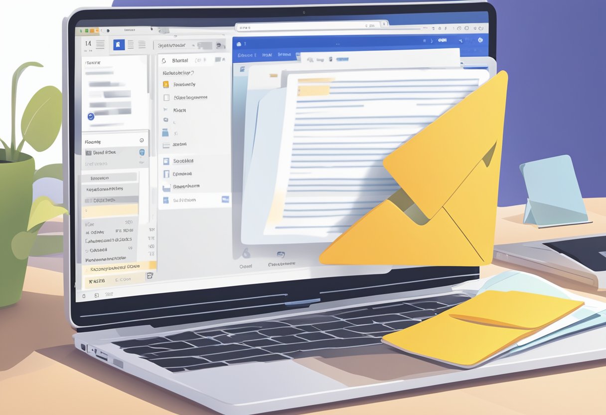 An open laptop with an email inbox displayed on the screen, with a highlighted email showing its folder location in Outlook