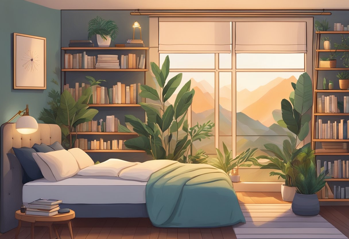 A serene bedroom with dim lighting, a cozy bed, and natural elements like plants and essential oils. A bookshelf filled with holistic health books and a calming sound machine complete the scene