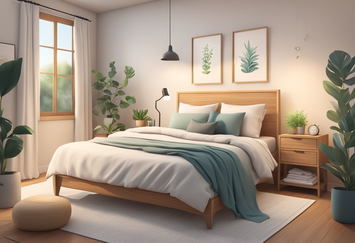 A serene bedroom with calming colors, soft lighting, and natural elements like plants and wood furniture. A cozy bed with organic bedding and a diffuser emitting soothing essential oils