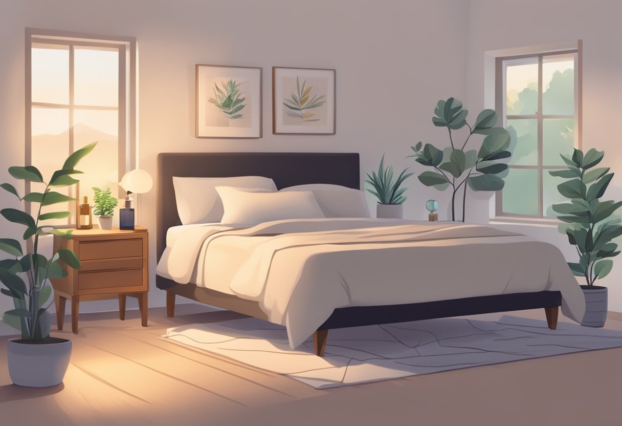 A peaceful bedroom with soft lighting, a cozy bed, and a nightstand with herbal supplements and essential oils for sleep support