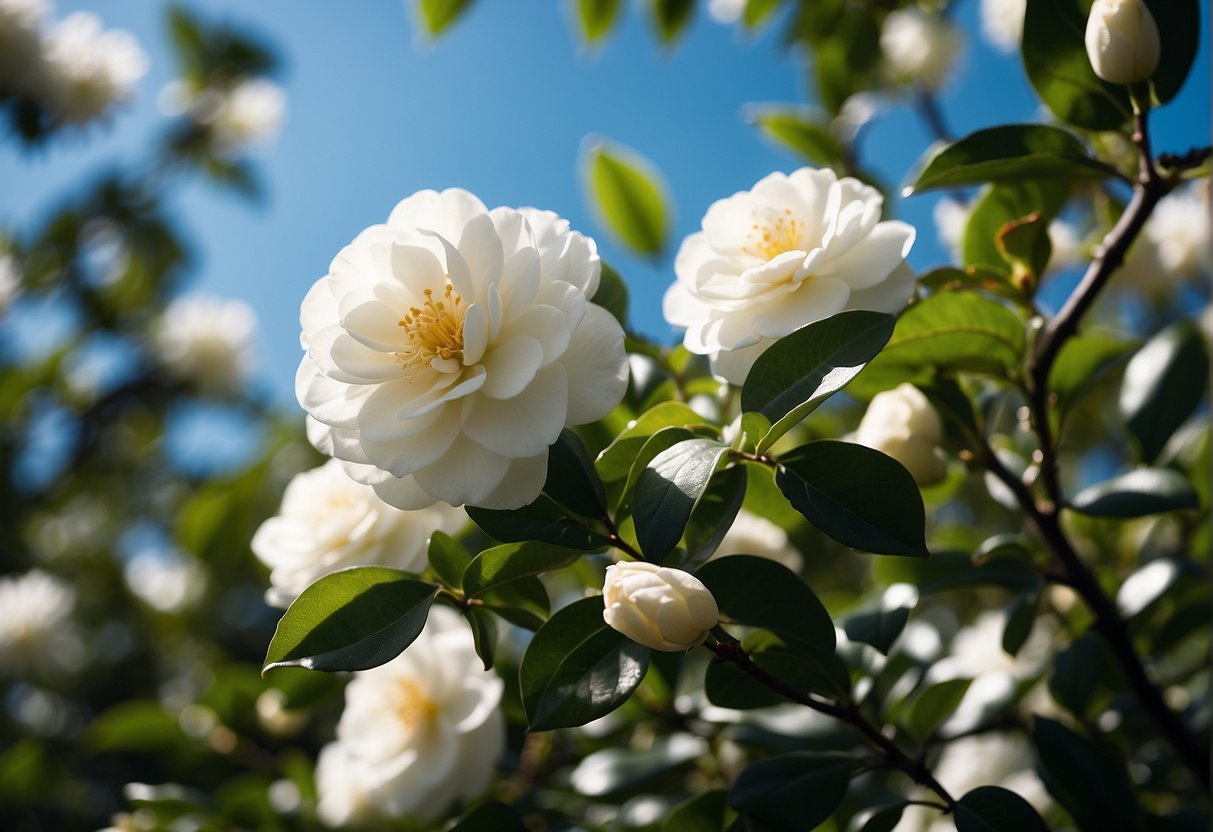 A cluster of white camellia flowers in full bloom, surrounded by vibrant green leaves and set against a clear blue sky