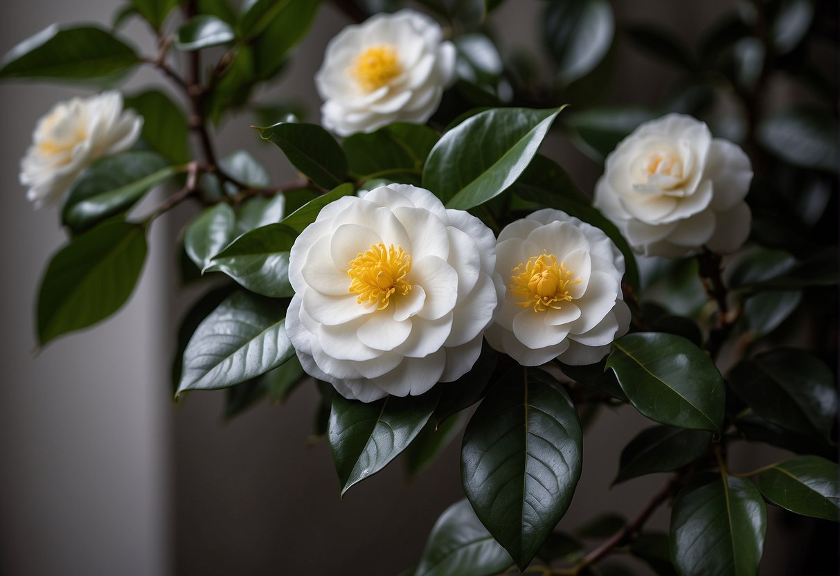 A white camellia variety with glossy, waxy petals and a prominent yellow center. The leaves are dark green and glossy, with a slightly serrated edge
