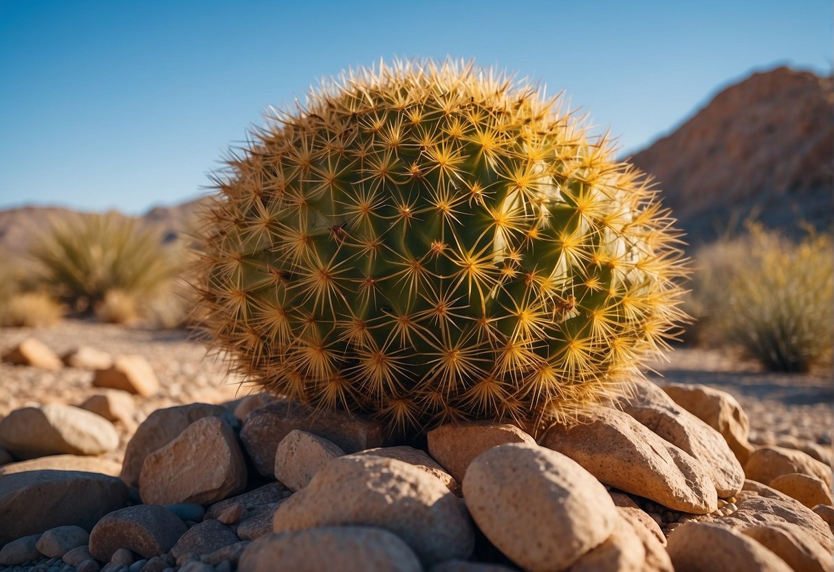 A golden barrel cactus stands tall in a desert landscape, surrounded by dry, rocky terrain and a clear blue sky above