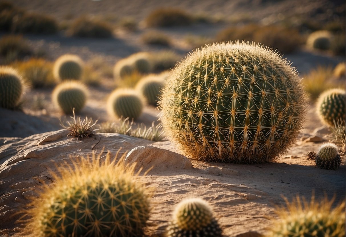 A desert landscape with rocky terrain and sparse vegetation, featuring the iconic golden barrel cactus (Echinocactus grusonii) in its natural habitat