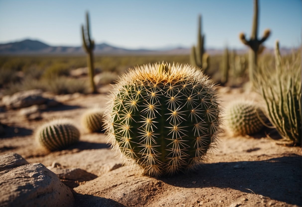 A round echinocactus grusonii stands tall in arid desert, surrounded by rocky terrain and sparse vegetation