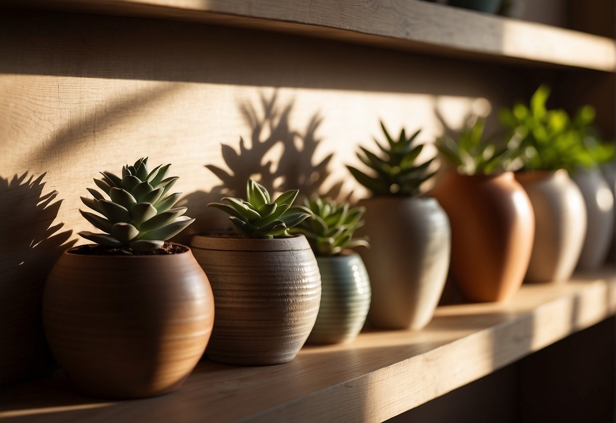 Several ceramic pots arranged on a wooden shelf. Sunlight streaming through a nearby window casts soft shadows on the textured surfaces
