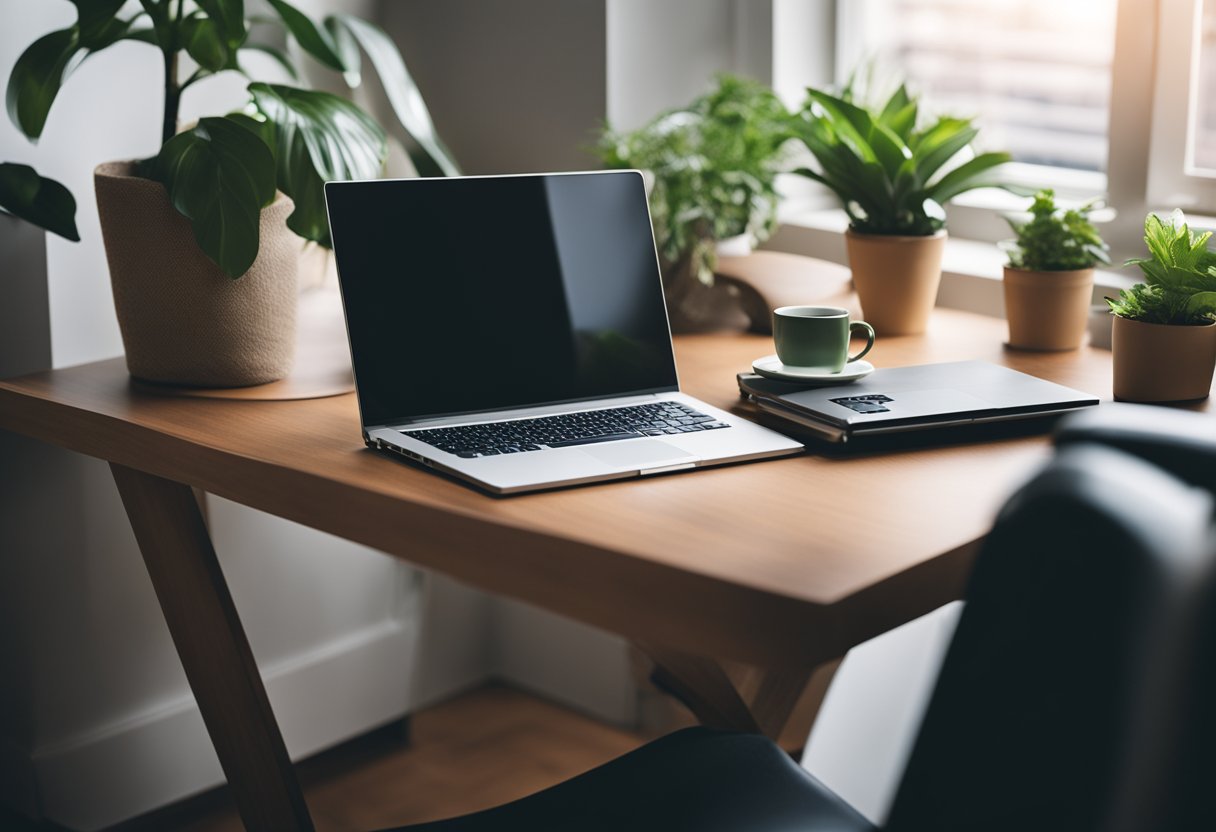 A clutter-free desk with a laptop, notebook, and pen. A cozy chair and a plant create a calm, productive atmosphere