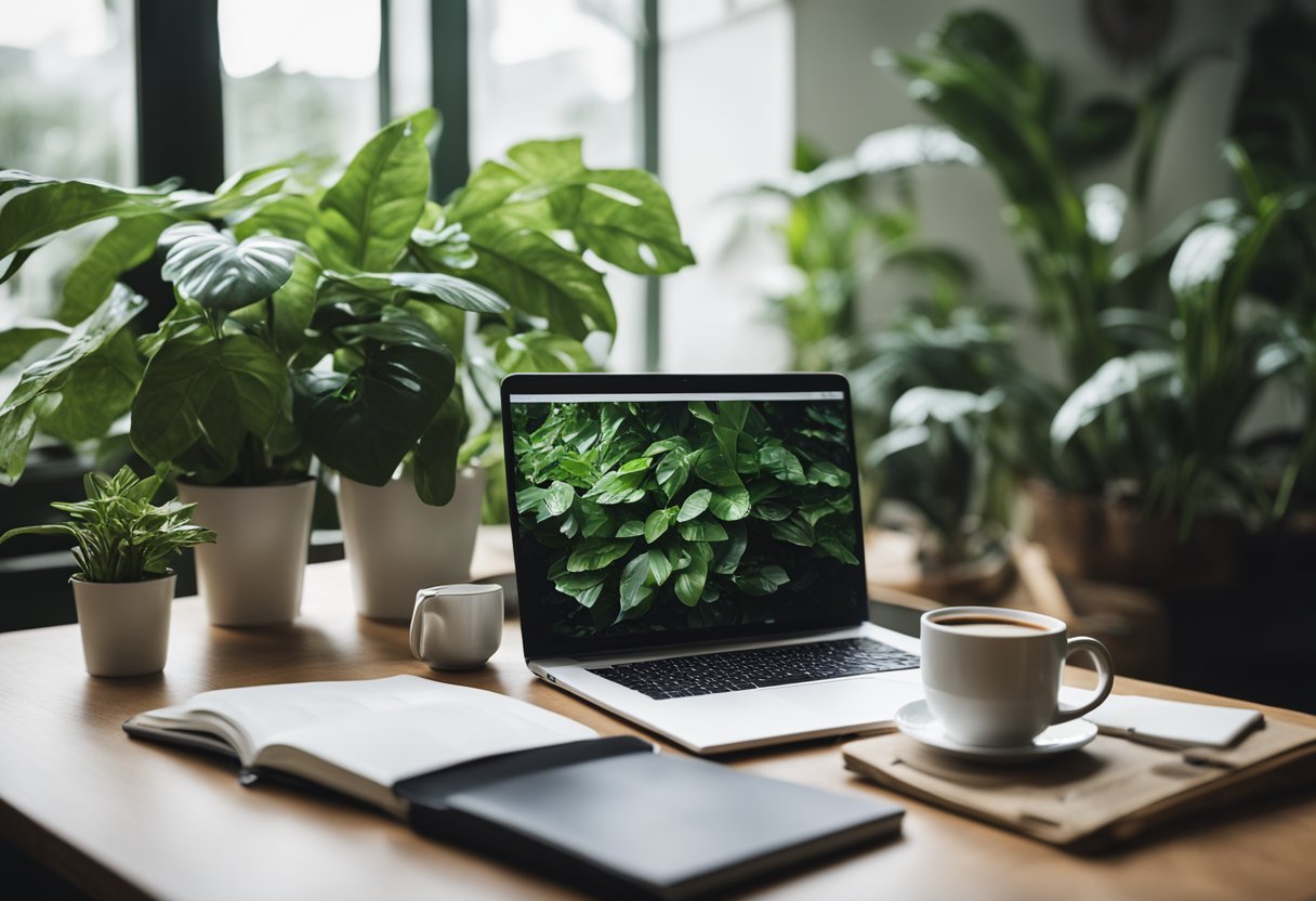 A cozy home office with a laptop, notebook, and a cup of coffee on a desk, surrounded by plants and natural light