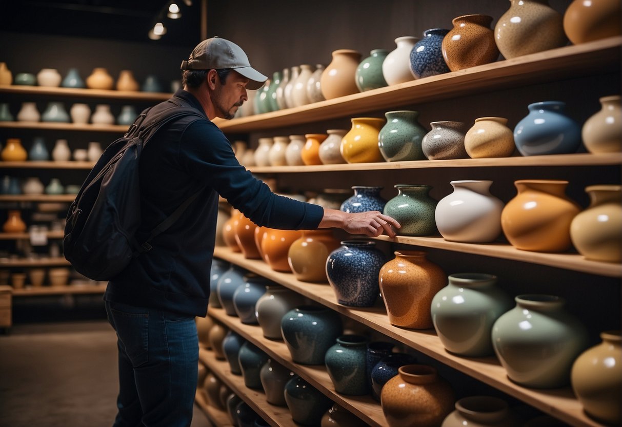 A person carefully selecting a ceramic pot from a display of various shapes, sizes, and colors