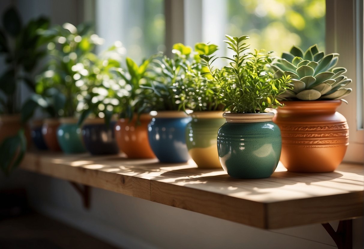Ceramic pots arranged on a wooden shelf, filled with vibrant green plants and colorful flowers. Sunlight streams through a nearby window, casting soft shadows on the textured surface of the pots
