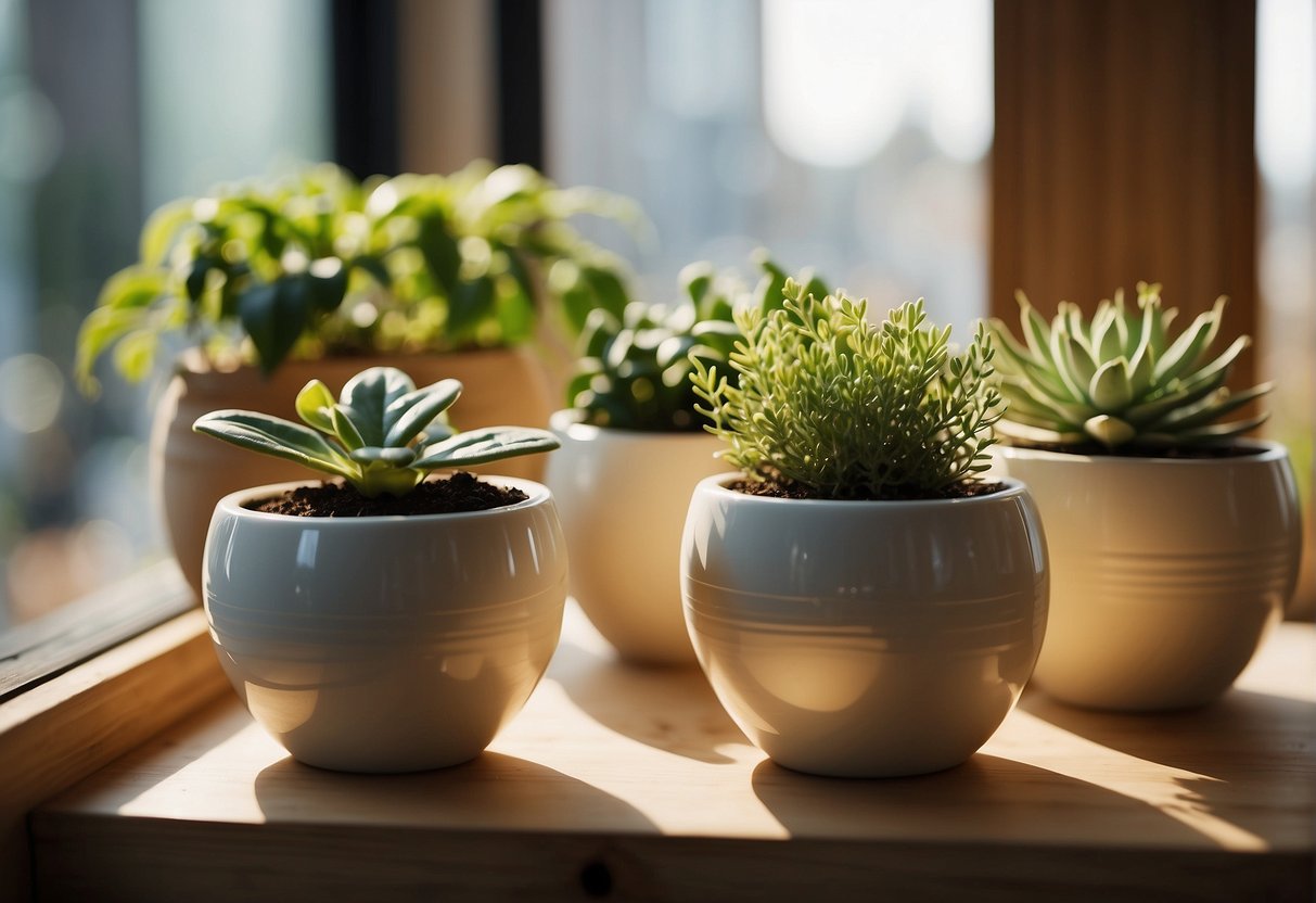 Ceramic planters arranged on a wooden shelf, with various plants spilling over the edges. Sunlight streaming in through a nearby window illuminates the scene