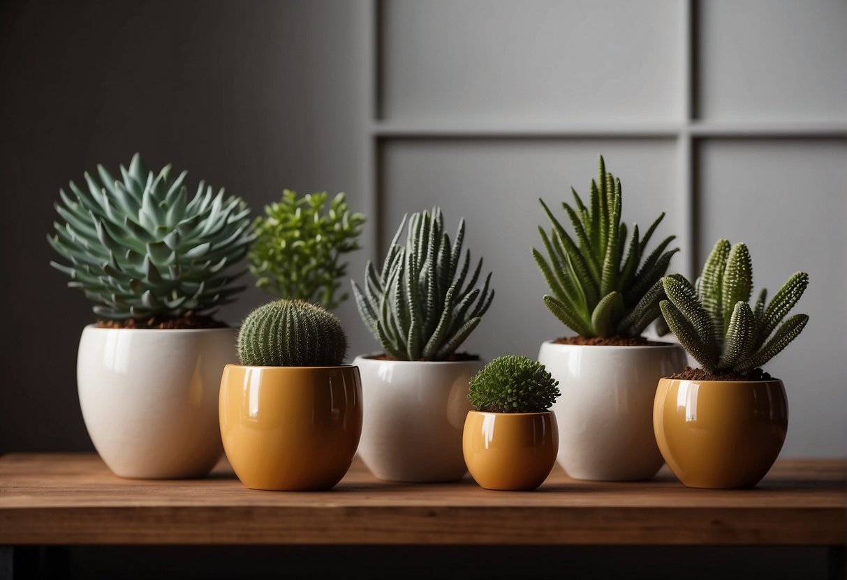 Several ceramic planters of different sizes arranged on a table, with a person comparing them