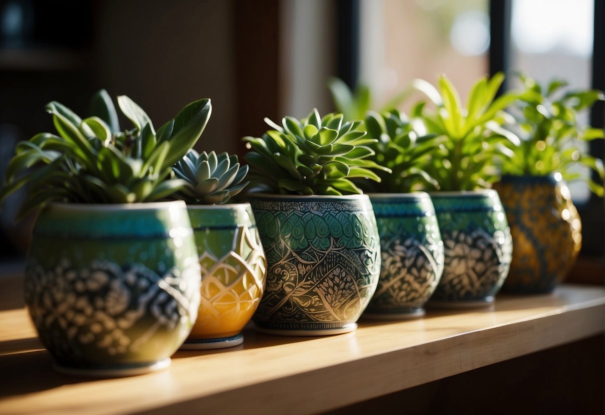 Vibrant ceramic planters arranged on a wooden shelf with lush green plants spilling over the edges. Sunlight streaming in through a nearby window illuminates the colorful designs and intricate patterns on the planters